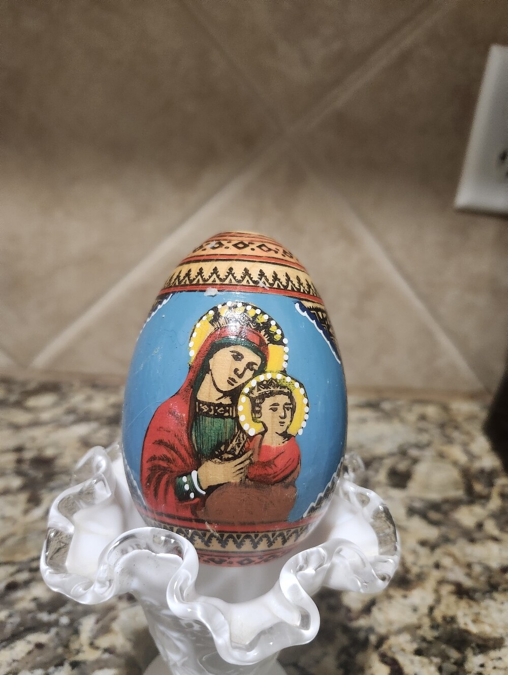 Hand-Painted Mary Jesus Religious Icon Egg in Blue and Red